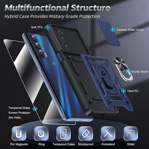LeYi for Motorola Edge-5G UW 2021 Case: Motorola Edge 2021 Phone Case with Slide Camera Cover and Screen Protector, Heavy Duty Shockproof Android Unlocked Cover with Ring Stand Moto Edge 2021, Blue in Saudi Arabia