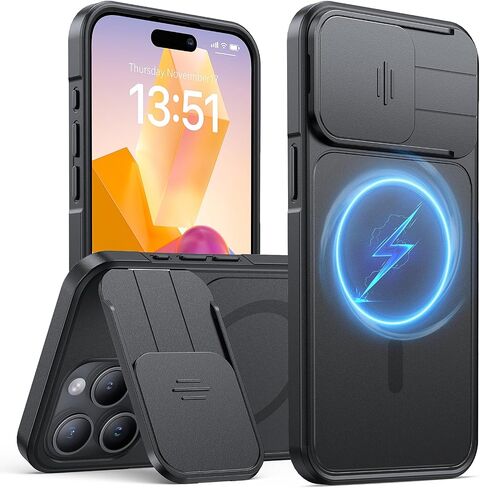 L K for iPhone 15 Pro Max Case with Kickstand, Upgraded [Slide Camera Cover], Heavy Duty Magnetic Phone Case, Compatible with MagSafe, Military-Grade Drop Protection, Black, 6.7" in Saudi Arabia