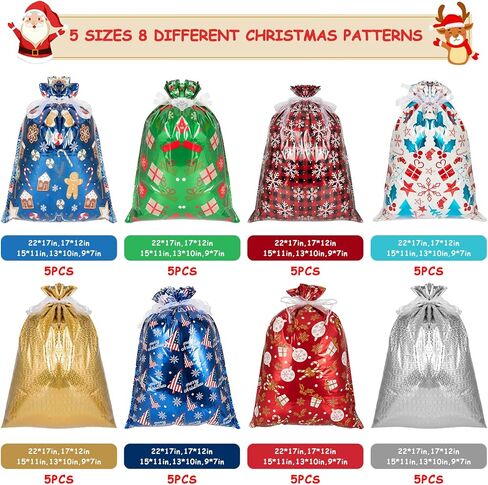 أكياس هدايا Lousrnman لعيد الميلاد برباط بأحجام متنوعة، 50 × أكياس هدايا كبيرة لعيد الميلاد، 60 × بطاقات ورقية كرافت و2 × ربطات عنق شريطية 390 بوصة، 5 × أحجام مختلفة لـ 10 × تصميمات لحقائب الهدايا للهدايا in Kuwait