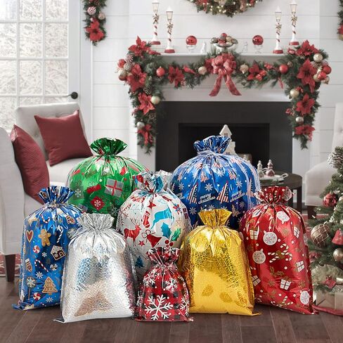 أكياس هدايا Lousrnman لعيد الميلاد برباط بأحجام متنوعة، 50 × أكياس هدايا كبيرة لعيد الميلاد، 60 × بطاقات ورقية كرافت و2 × ربطات عنق شريطية 390 بوصة، 5 × أحجام مختلفة لـ 10 × تصميمات لحقائب الهدايا للهدايا in Kuwait