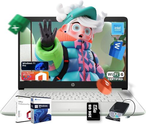 HP 14 Business Student Labtop • W/Office LifeTime License & DVD Drive مجاني • وحدة المعالجة المركزية 4-Core CPU • 14 "عرض مضاد للهراء • CoPilot • Win 11 Pro • Ram 16GB • 128GB UFS • 256GB Extens Micro SD • Wi-Fi 6 in Kuwait