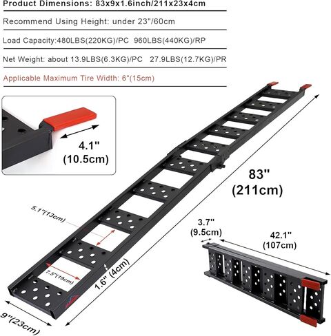 Ruedamann 83" L x 9" W Steel Folding Ramp, 960lbs Capacity Loading Ramp, Heavy Duty Motorcycle Ramp, Portable Truck Ramps for Pickup, ATVs, UTVs, Dirt Bikes, Lawnmowers, Black, Pack of 2 in Kuwait