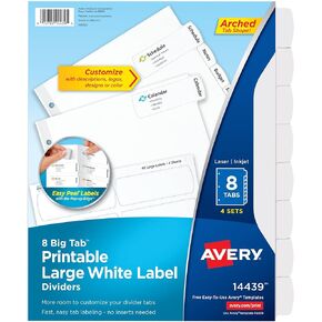 فواصل ملصقات بيضاء كبيرة قابلة للطباعة من Avery Big Tab مع سهولة التقشير، 8 علامات تبويب، 4 مجموعات (14439)