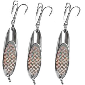 3pcs Fish WOW! 3oz Fishing Kast Spoon with a Treble Hook Fish Chrome Jig Bait Lures Holographic Laser Silver Tape Kast Master Style Champ Spoons