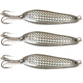 Qty 3 Fish WOW! 5oz Fishing Spoon jig with a Treble Hook Bait Lures Fish Metal Jig Silver Holographic Laser Tape