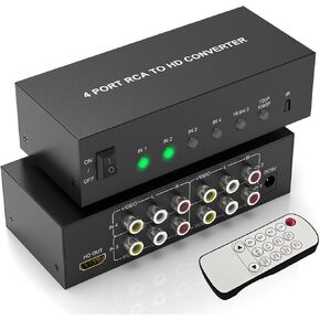 4-in 1-Out RCA to HDMI Converter with Remote – AV Composite to HDMI Adapter 1080P/720P, Supports 4:3/16:9 Switch, Compatible with PS1/PS2/PS3, Xbox, N64, SNES, Wii, DVD, VCR, Camcorder – Plug & Play
