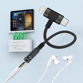 2-in-1 USB-C & Lightning to 3.5mm Aux Audio Jack Adapter Headphone Splitter, iPhone/Type C to 3.5 mm Female Earphone Converter for iPhone 15/14/13/12/11/iPad Pro/Samsung/Pixel/LG【Apple MFi】-Black
