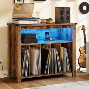 YITAHOME LED-Lit Record Player Turntable Stand + Storage Display Shelf with Built-In Power Outlets | Modern Entertainment Center Furniture for Living Room & Bedroom | Brown