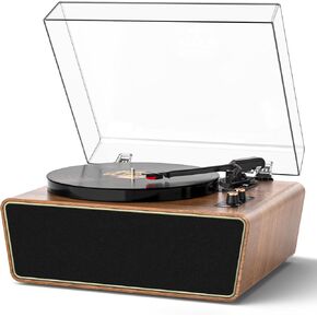Bluetooth Record Player, Vintage 3-Speed Turntable with Dual Treble and Bass Speakers, USB to PC Recording, Phono Preamp, RCA Output, Brown Wood Vinyl LP Player for Home & Gifts
