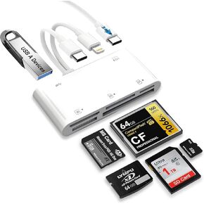 SD Card Reader for iPhone/iPad, 7-in-1 Universal Memory Card Reader for SD/TF/CF/MS/XD Card, USB OTG Adapter with USB-C/Lightning Connector Compatible with iPhone 16/iPad Pro/Galaxy/MacBook/Dell etc.