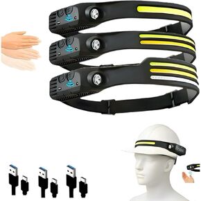 3-Pack Rechargeable LED Headlamps – High-Power USB Headlights COB Floodlight & Motion Sensor – Super Bright, Adjustable Beam, Water-Resistant – Ideal for Camping, Work, Fishing, Biking, Running