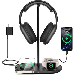 TopMade 5 in 1 Headphone Stand for Desk with Wireless Charger & USB Charging for iPhone/AirPods/iWatch, Universal Desktop Gaming Headset Holder for Airpods Max, Bose, Beats, Razer and More, White
