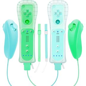 Wii Controller, KDYGPDCT 2 Packs Wii Controller and Wii Nunchuck for Wii and Wii U Console, with Silicone Case and Wrist Strap (Ice Blue + Light Green)