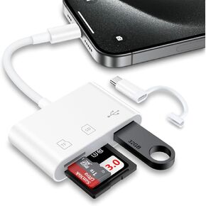 SD Card Reader for iPhone 16e/16 Pro Max/16 Pro/16 Plus/16/15/14/13/12/11/SE,iPad,Lightening & USB C to SD Memory Card Reader Micro SD Card Reader Digital Camera Adapter for Trail Photography Android