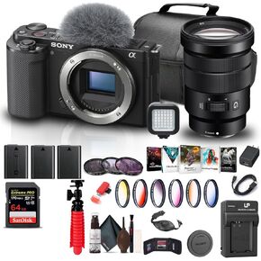 Sony ZV-E10 Mirrorless Camera (Body Only, Black) (ILCZV-E10/B) + Sony 18-105mm Lens + 64GB Card + Color Filter Kit + Filter Kit + Photo Software + Bag + 2 x NPF-W50 Battery + More