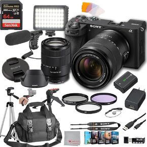 Sony a6700 Mirrorless Camera with 18-135mm Lens 64GB Extreem Speed Memory,Videl Microphone, LED Video Light, Case. Tripod, Filters, Hood, Grip, & Professional Video & Photo Editing Software Kit