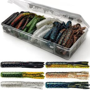 60Pcs Tube Baits Soft Plastic Worms Bass Fishing Lures for Tube Jig Heads Hook Freshwater Saltwater, 3.5 Inch