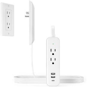 Flat Socket Extension Cord 5 FT Surge Protector Power Strip with 2 AC Outlets 1 USB C and 2 USB A Ports, Multiple Wall Outlet Extender Suitable for Home Dorm Desk Garage Work Travel Apartment (5FT)