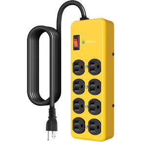HEZI 20A Power Strip Surge Protector Durable Metal 8-Outlet with Heavy Duty 20 Amp Extension Cord,12 Gauge for Garage,Workshop & Industrial Use with 6-20R T-Slot Outlets,4800J(Yellow,6FT)