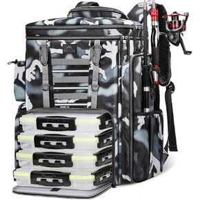 MATEIN Fishing Backpack with Tackle Boxes 3700, Extra Large Tackle Backpack with Rod Holders & 4 Trays & Rain Cover