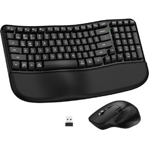 Ergonomic Wireless Keyboard and Mouse Combo, Bluetooth/2.4G Wireless Ergo Wave Curved Keyboard with Cushioned Palm Rest and 6 Levels DPI Adjustable Silent Mouse, Multi-Device for Windows/Mac/Android