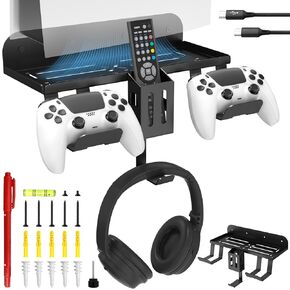 PS5 Wall Mount, 6-in-1 Metal Wall Stand Bracket Compatible for PlayStation 5 (Disc & Digital),Wall Mount Holder for PS5 with Detachable Controller Holder & Headphone Hanger