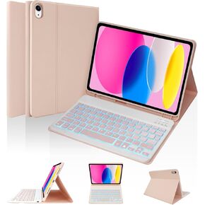 SOPPY Keyboard Case with 7 Color Backlit for iPad 10th Gen 10.9" 2022 (A2696/A2757/A2777), Detachable Wireless Keyboard with Pencil Holder, Slim Keyboard Case for iPad 10th Gen,Pink