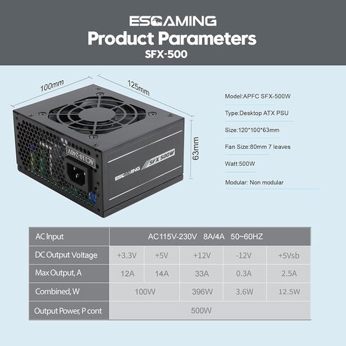 SFX 500W Power Supply, ESGAMING Mini ITX Micro ATX Solution 500W PSU, Full Range APFC 110-240V, Low Noise Fan for Desktop Gaming Server SFX Form Factor Computer in Kuwait