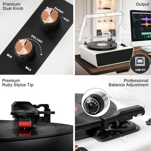 Bluetooth Record Player, Vintage 3-Speed Turntable with Dual Treble and Bass Speakers, USB to PC Recording, Phono Preamp, RCA Output, Brown Wood Vinyl LP Player for Home & Gifts in Kuwait