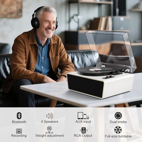 Bluetooth Record Player, Vintage 3-Speed Turntable with Dual Treble and Bass Speakers, USB to PC Recording, Phono Preamp, RCA Output, Brown Wood Vinyl LP Player for Home & Gifts in Kuwait