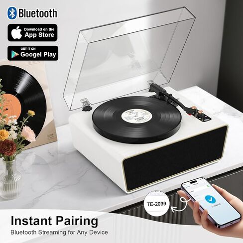 Bluetooth Record Player, Vintage 3-Speed Turntable with Dual Treble and Bass Speakers, USB to PC Recording, Phono Preamp, RCA Output, Brown Wood Vinyl LP Player for Home & Gifts in Kuwait