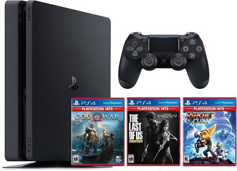 PlayStation 4 Slim 500GB Console with Aftermarket Black Wireless DS Controller with The Last of Us Remastered, Ratchet & Clank, God Of War PS4 Game Disc - PS4 Gaming System (Renewed) in Saudi Arabia