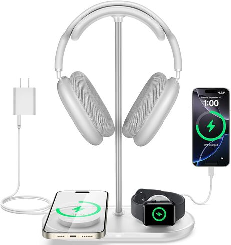 TopMade 5 in 1 Headphone Stand for Desk with Wireless Charger & USB Charging for iPhone/AirPods/iWatch, Universal Desktop Gaming Headset Holder for Airpods Max, Bose, Beats, Razer and More, White in Kuwait