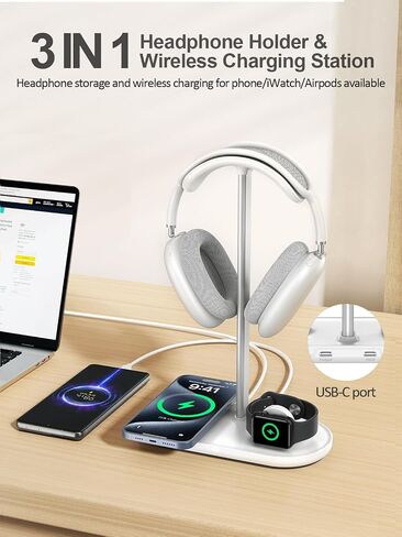 TopMade 5 in 1 Headphone Stand for Desk with Wireless Charger & USB Charging for iPhone/AirPods/iWatch, Universal Desktop Gaming Headset Holder for Airpods Max, Bose, Beats, Razer and More, White in Kuwait