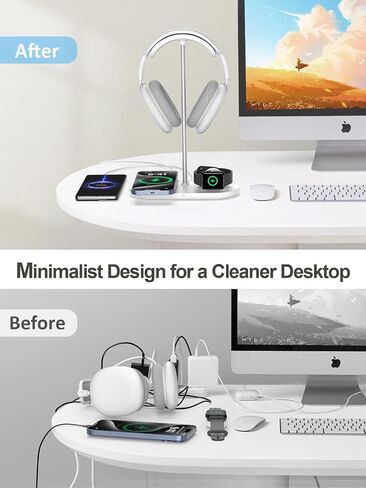 TopMade 5 in 1 Headphone Stand for Desk with Wireless Charger & USB Charging for iPhone/AirPods/iWatch, Universal Desktop Gaming Headset Holder for Airpods Max, Bose, Beats, Razer and More, White in Kuwait
