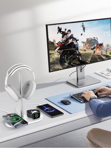 TopMade 5 in 1 Headphone Stand for Desk with Wireless Charger & USB Charging for iPhone/AirPods/iWatch, Universal Desktop Gaming Headset Holder for Airpods Max, Bose, Beats, Razer and More, White in Kuwait