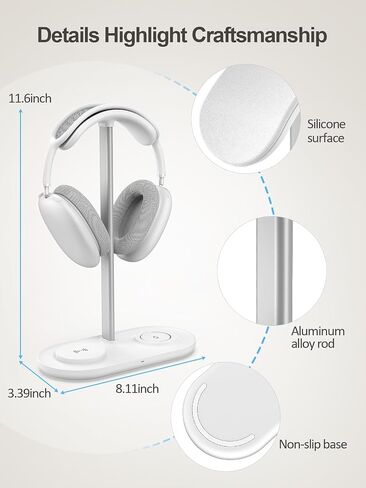 TopMade 5 in 1 Headphone Stand for Desk with Wireless Charger & USB Charging for iPhone/AirPods/iWatch, Universal Desktop Gaming Headset Holder for Airpods Max, Bose, Beats, Razer and More, White in Kuwait