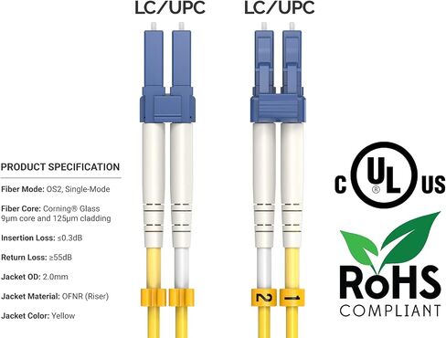 CableLeader 7m OS2 LC to LC UPC Duplex Corning Fiber Optic Cable 10GB SingleMode 9/125 OFNR Rated, LC-LC Network Cable, Fiber Patch Cable, Yellow in Saudi Arabia
