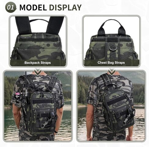 حقيبة ظهر 35L لصيد الأسماك مع حامل قضيب ، حقيبة Crossbody القابلة للتحويل في أكسفورد مع جيب متعدد للرجال والنساء (أسود) in Saudi Arabia