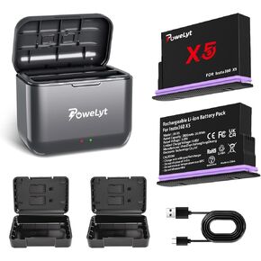 360 × 5 شاحن بطارية مجموعة 2 حزمة 2800mAh بطاريات X5 مقاومة للماء وقنتين X5 شاحن البطارية مع علبة البطارية يمكن تخزين بطاقة Misro SD متوافقة بالكامل مع 360 × كاميرا الحركة