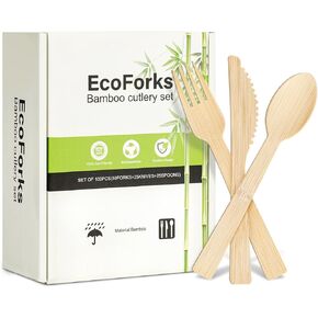 Bamboo Cutlery Set, 100 Biodegradable Compostable Utensils Set with 50 Forks 25 Spoons 25 Knives, Bamboo Flatware Disposable Cutlery FSC Certified for Weddings Camping Traveling Picnics