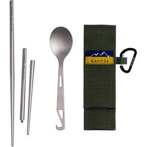 SANTTA Compact Titanium Collapsible Chopsticks and Spoon Utensil Set with Carry Bag and Carabiner for Camping, Hiking, Backpacking and Travelling