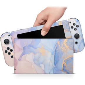 ZOOMHITSKINS Compatible with Switch Skin Cover Agate Aquarelle Pale Colored Blue Purple Yellow Golden Silky 3M Vinyl Decal Sticker Wrap, Made in The USA