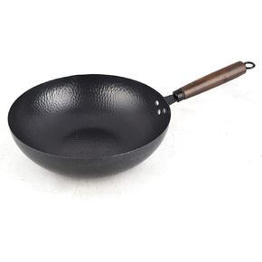 Wok Pan Induction 32Cm Carbon Steel Stir Fry Pan with Detachable Wood Handle，，，