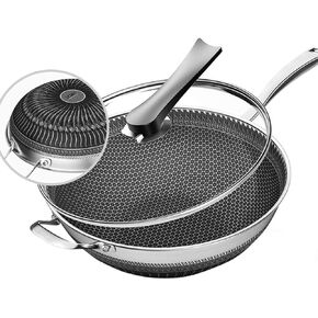 Smoke-Free Stir Fry Pan 12" Non-Stick Wok Pan Stainless Steel - Multi-Function Scratch-Resistant Flat-Bottom Wok Heavy Duty Induction Wok, 8.5cm(3.3in) Depth