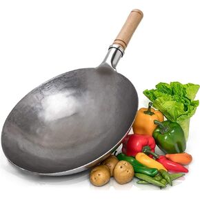 Wok Chinese Wood Handle Wok Iron Wok Cooking Pot Non-Coating Traditional Wok for Gas Cooker (A 30Cm)，A-30cm，A-30cm，A-30cm