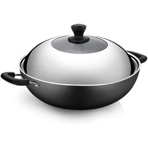 Woks Stir-Fry Pans Cast Iron Pan, Uncoated Wok with Lid, Can Cook Quickly and Evenly, Healthy and Smoke- Free Cooking，，，