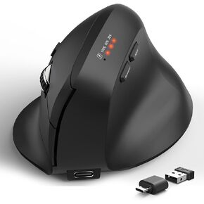 Bluetooth and 2.4GHz Ergonomic Mice, 2 in 1 Wireless Mouse with 3 DPI Levels, Rechargeable Computer Mouse with USB Receiver and Type C Adapter for Laptop, Desktop, Windows, Mac OS, Black