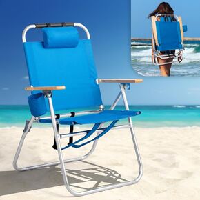 Vingli Aluminium Backpack Beach Chair-كراسي شاطئية طويلة للبالغين ، محمولة مع أحزمة قابلة للتعديل ، وتكوين 3 مواقع ، وحامل الكأس ، وكراسي شاطئية عالية الوزن للشاطئ (الأزرق ، 17 ")
