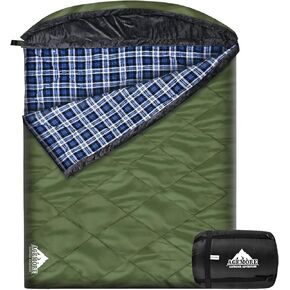 AGEMORE Cotton Flannel Double Sleeping Bag with Fleece Lined Hood, Waterproof Queen Size 2 Person Sleeping Bag for Adults Cold Weather Camping Backpacking or Hiking, 3-4season